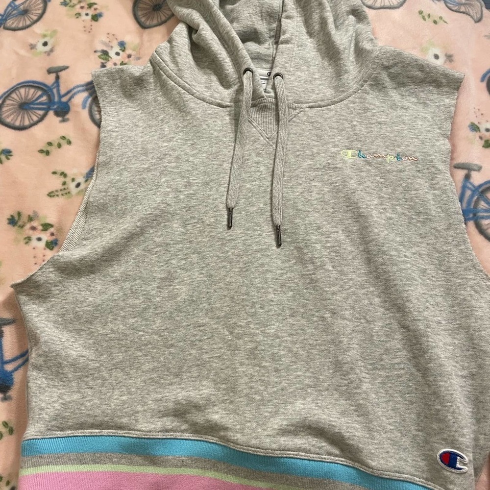 Champion Gray Sleeveless Hoodie with Pastel Trim